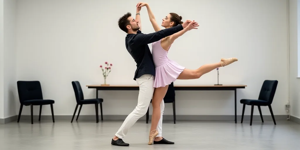 a man and woman dancing in a room with a table and chairs in the background and a white wall, Elizab