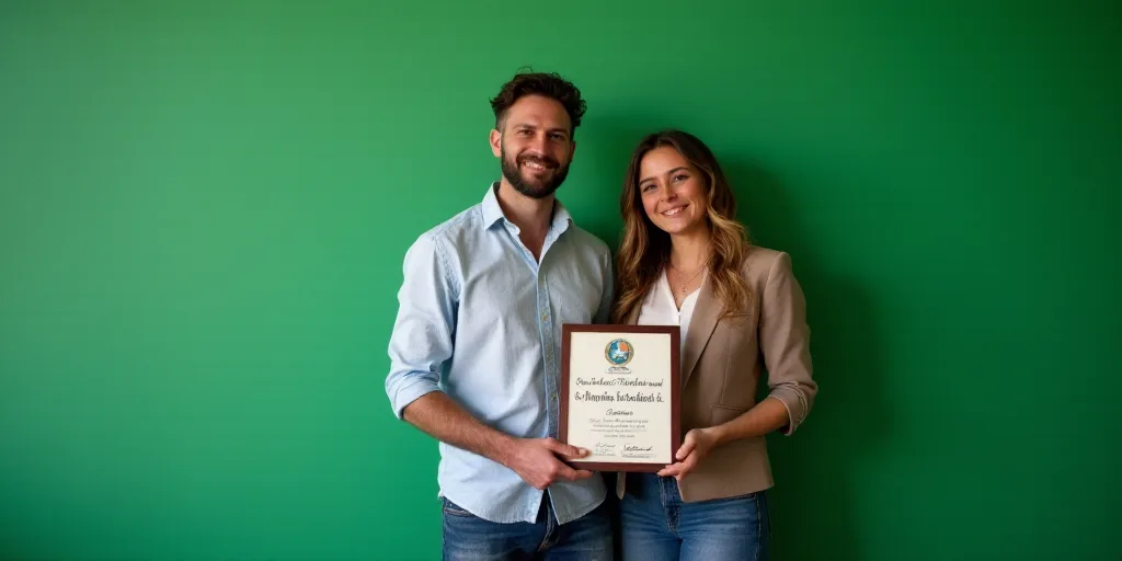 a man and woman holding a plaque and a plaque in front of a green wall with a green background, Eva