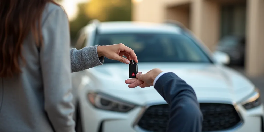 a man handing a car key to a woman in front of a car with a white car in the background, Dahlov Ipca
