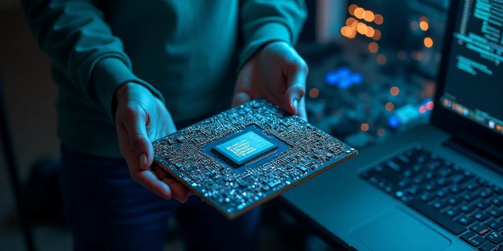 a man holding a computer processor in his hands and a laptop in the background with a lot of other e