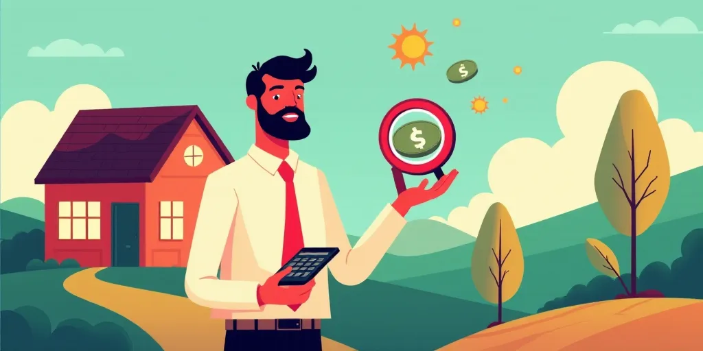 a man holding a magnifying glass and a calculator with a house in the background and a magnifying gl