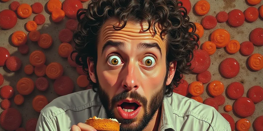 a man holding a piece of cake with a surprised look on his face and eyes, with a wall of candy in th