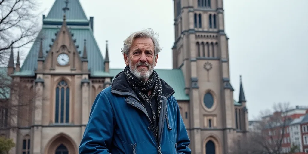 a man in a blue jacket and a black and white scarf standing in front of a cathedral with a large clo