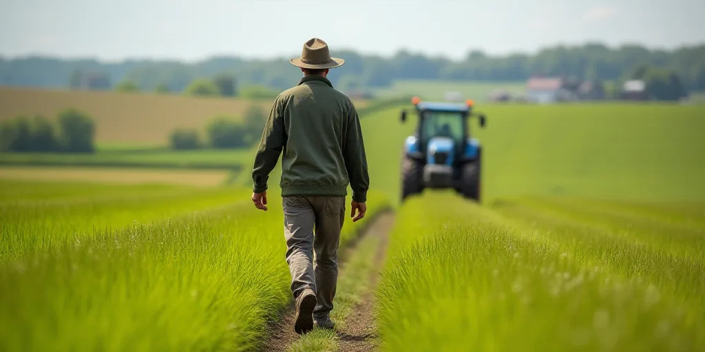 a man in a hat is walking through a field of grass with a tractor behind him and a tractor behind hi