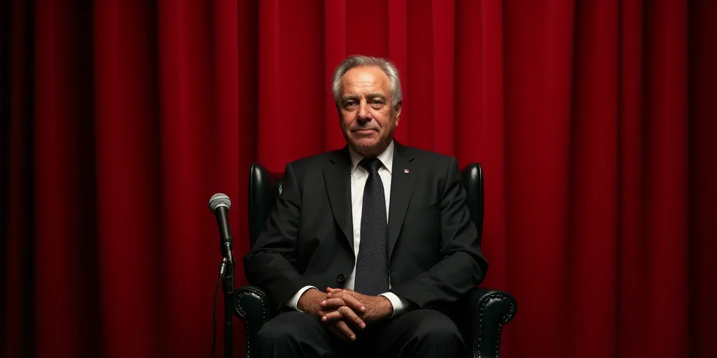 a man in a suit and tie sitting in a chair with a microphone in front of him and a red curtain behin