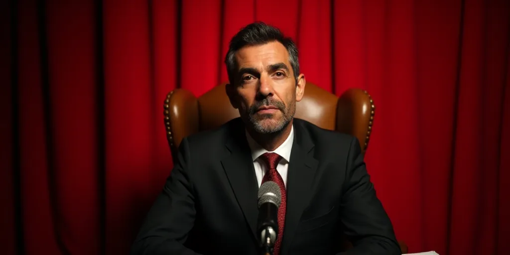 a man in a suit and tie sitting in a chair with a microphone in front of him and a red curtain behin