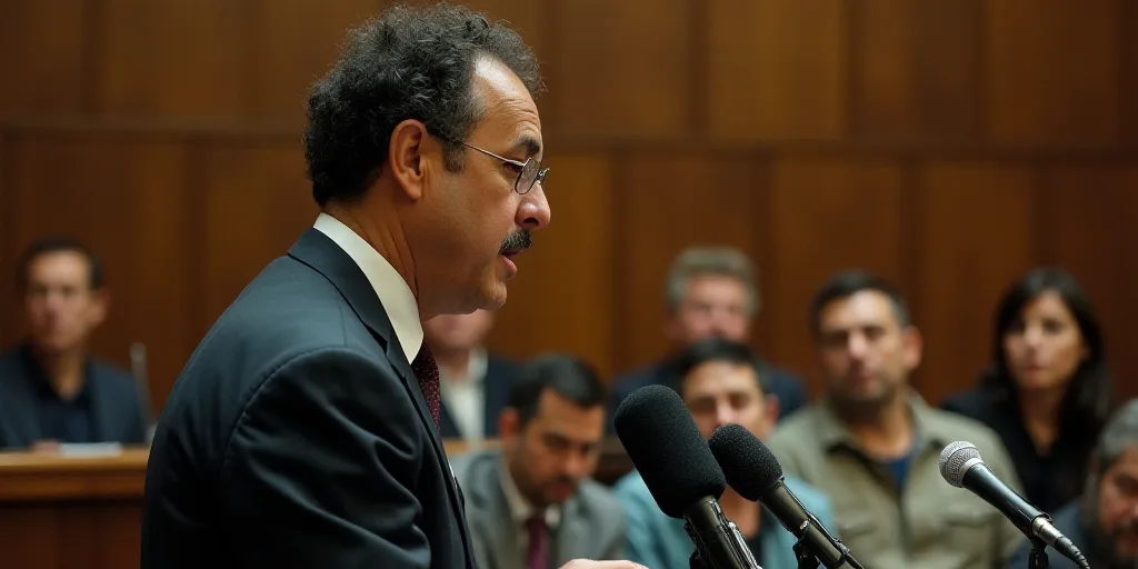 a man in a suit and tie speaking to a group of people in a courtroom with microphones in his hands,