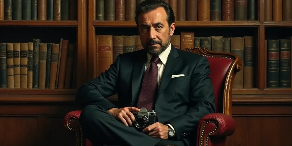 a man in a suit sitting in front of a book shelf with books on it and a camera in his hand, Agustín