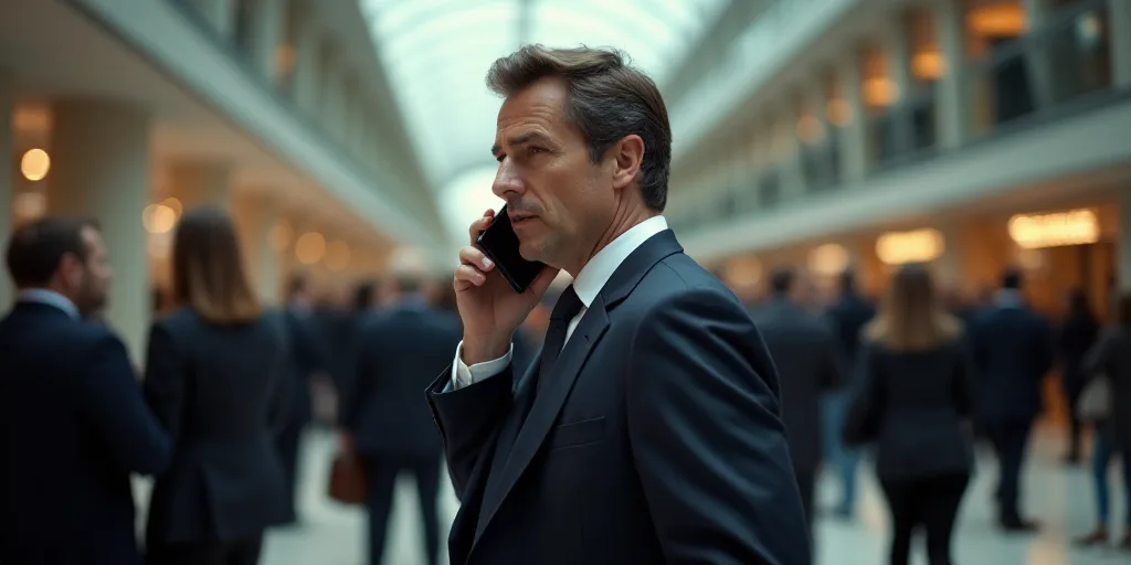 a man in a suit talking on a cell phone while standing next to a crowd of people in a building, Alan