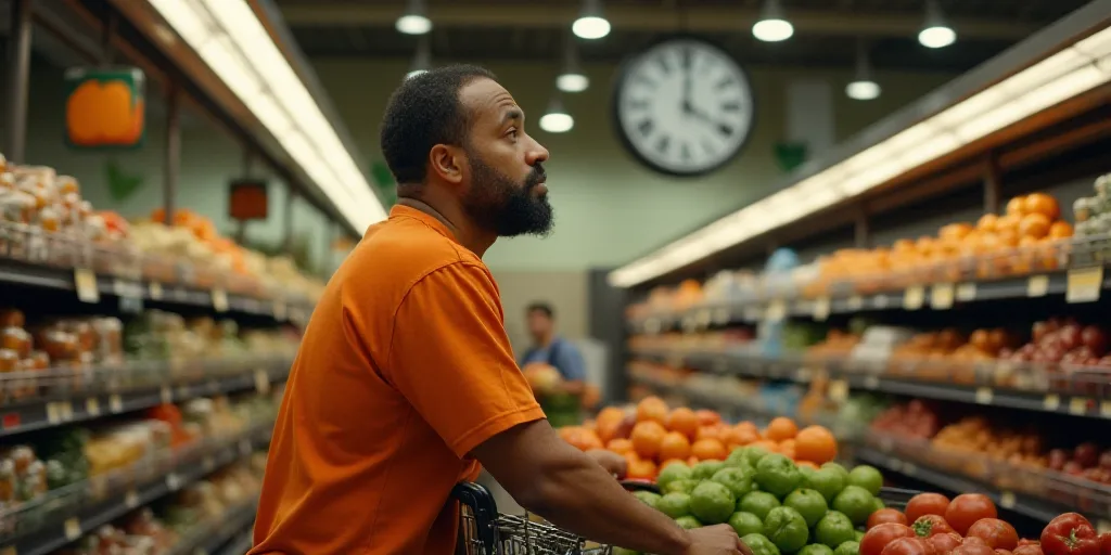 a man in an orange shirt is shopping in a grocery store with a clock on the wall above him, Elbridge