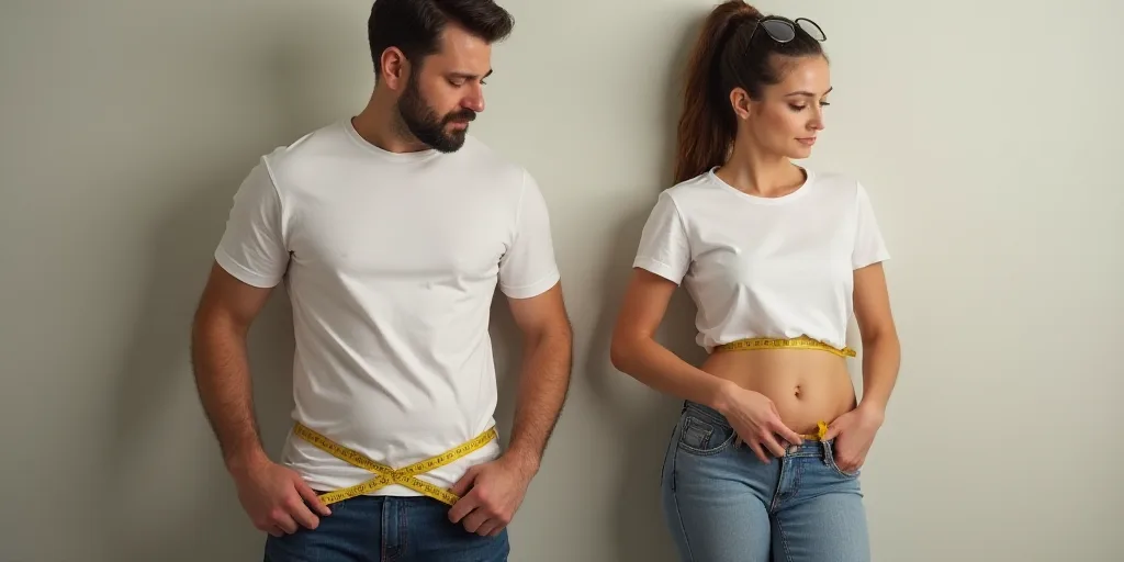 a man measuring his stomach with a measuring tape and a pair of glasses on his head and a woman in a