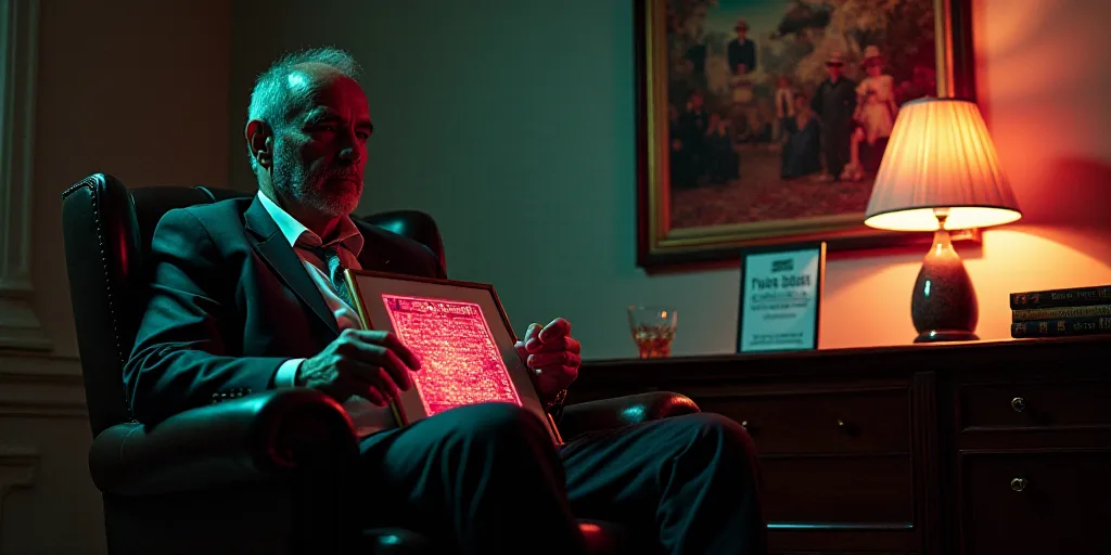 a man sitting in a chair holding a plaque in front of a table with a lamp and a sign, Carlos Saenz d