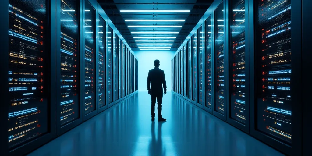 a man standing in a large room filled with lots of servers and servers in it's walls,, Beeple, techn