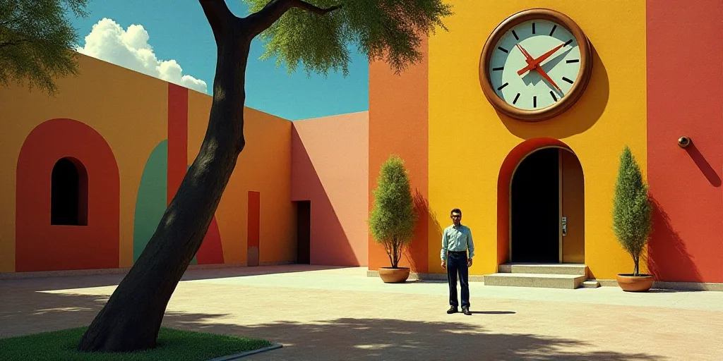 a man standing in front of a building with a clock on it's face and a tree in front of it, David Alf