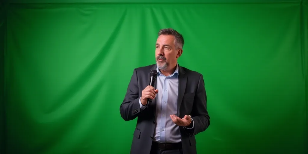 a man standing in front of a green banner holding a microphone in his hand and speaking into a micro