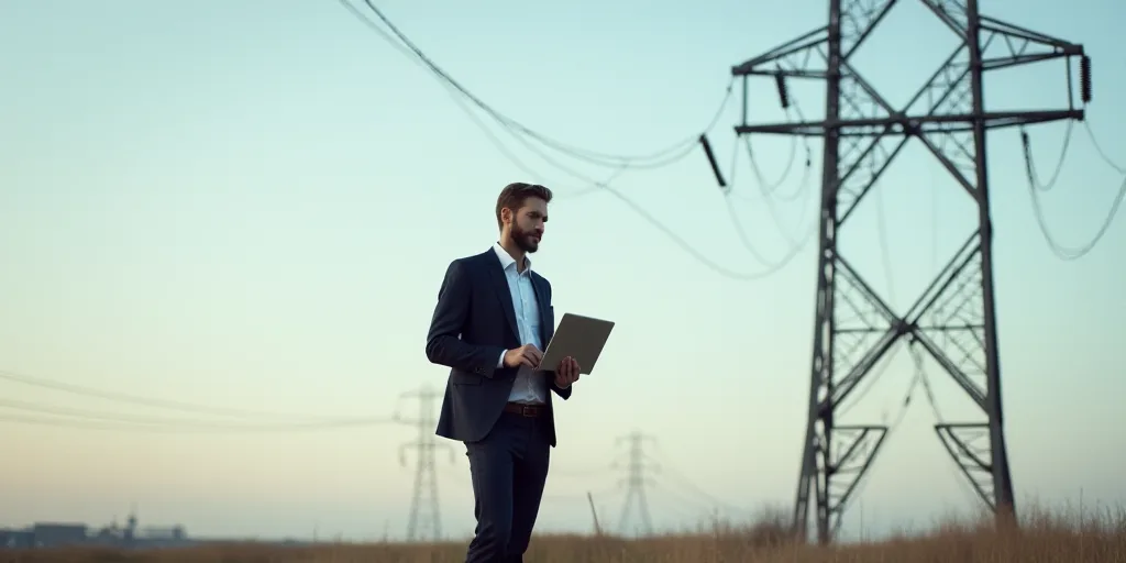 a man standing in front of a power line with a laptop computer in his hand and a cell phone in his h