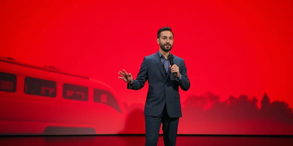 a man standing in front of a red background with a microphone in his hand and a red and white backgr