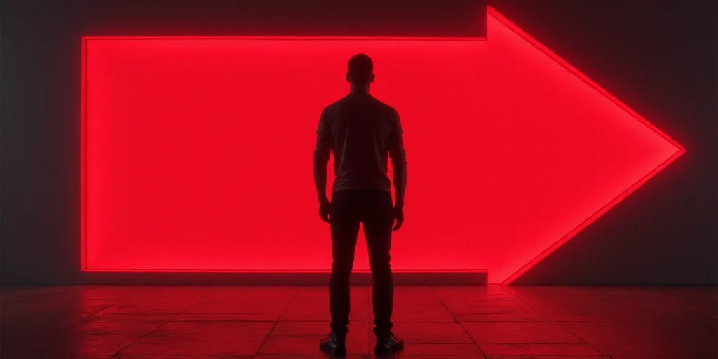 a man standing in front of a red sign with a red arrow on it's side and a red arrow on the back of t