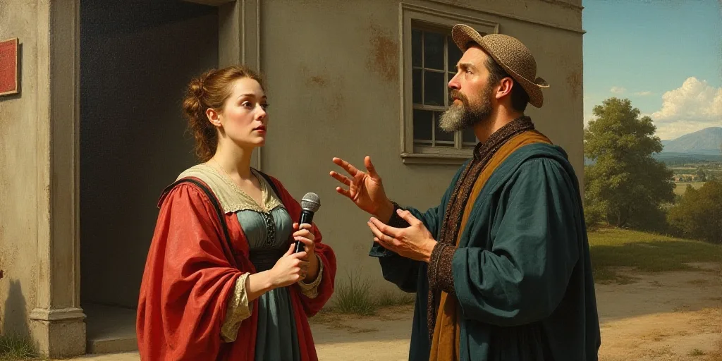 a man standing next to a woman holding a microphone in front of a building with a sign on it, Ángel