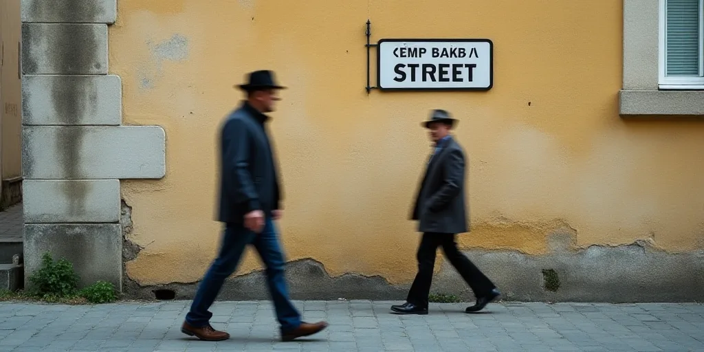a man walking past a wall street sign on a building wall with a man walking past it and a man in a h