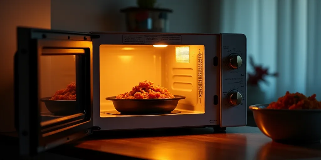a microwave oven with a pan of food inside of it on a counter top next to a pot of food, Évariste V