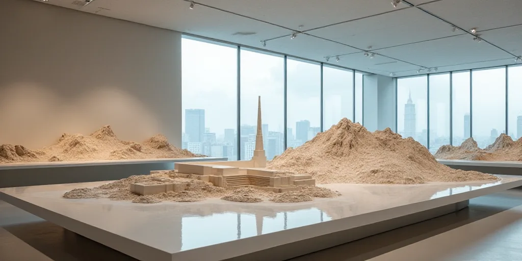 a museum exhibit with a display of a model of a city and a sculpture of a mountain range on display,