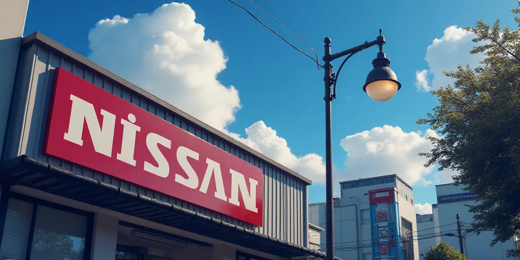 a nissan sign is shown on a building in a city area with a lamp post in the background and a street