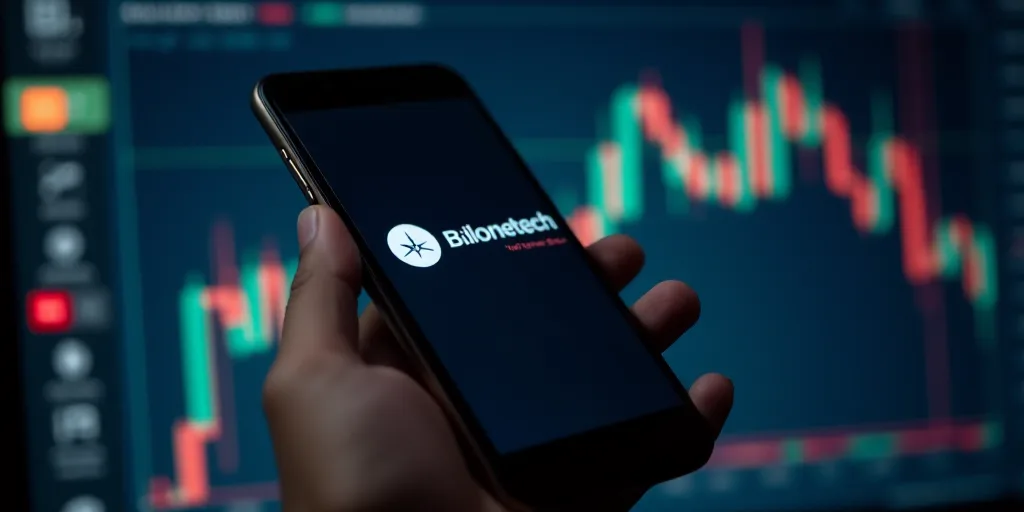 a person holding a cell phone with a bionetech logo on it in front of a stock chart, Andries Stock,