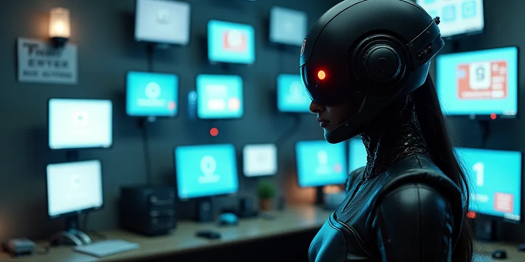 a person in a costume standing in front of a display of computer monitors and monitors on a wall wit