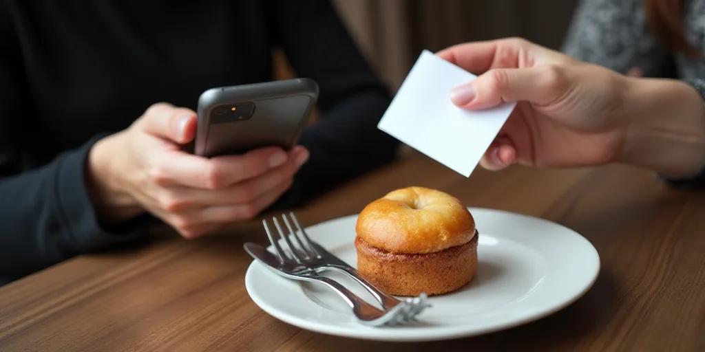 a person is holding a card and a pastry on a plate with a fork and knife in it and a woman is holdin