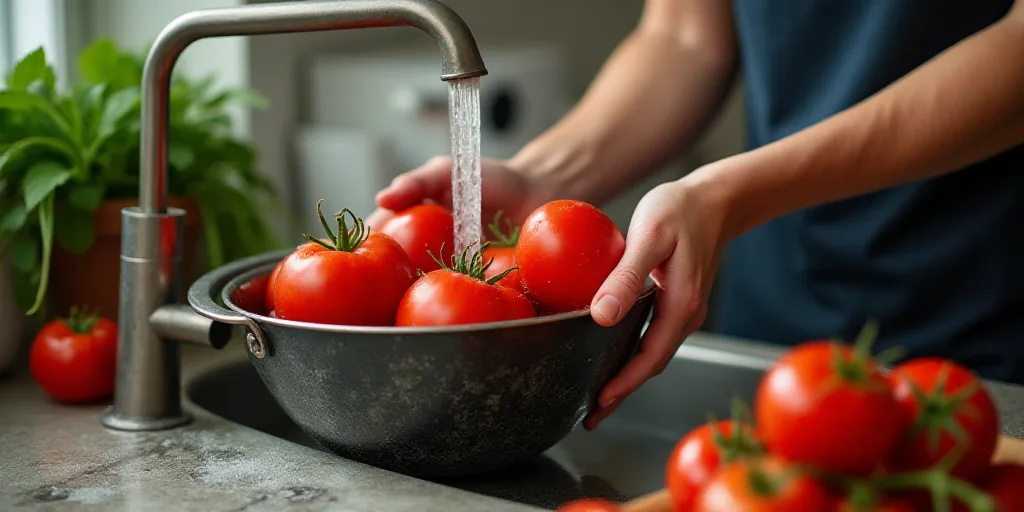 a person washing tomatoes in a colander on a kitchen counter top with a faucet running over them, An