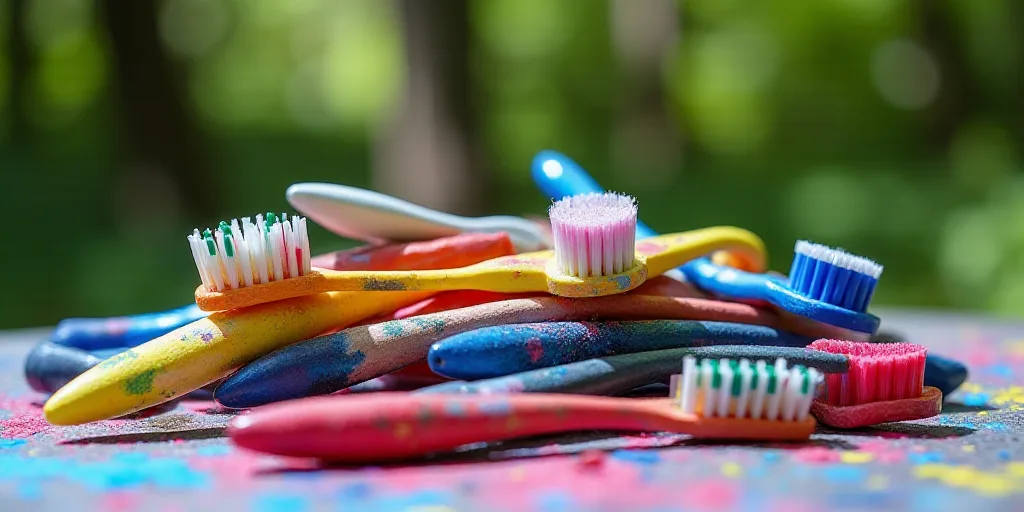 a pile of different colored toothbrushes and toothpaste tubes on a table outside with trees in the b