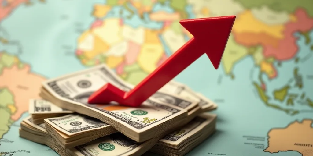 a red arrow pointing upward on top of a pile of money with a map in the background of the image, And