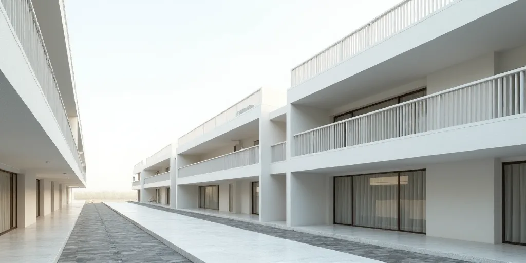 a row of white buildings with balconies and windows on each side of the building and a sidewalk lead