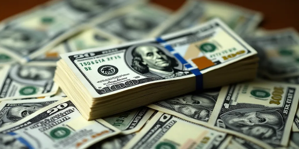 a stack of twenty dollar bills on top of a pile of twenty dollar bills on a table top of twenty doll