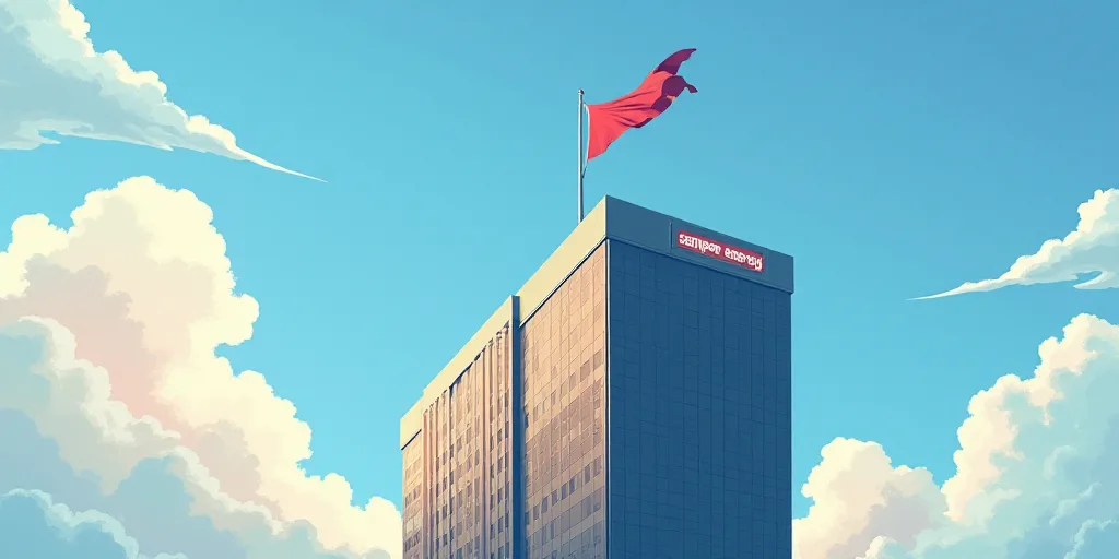 a tall building with a flag on top of it and a sign on the side of it that says semper energy, Elbri