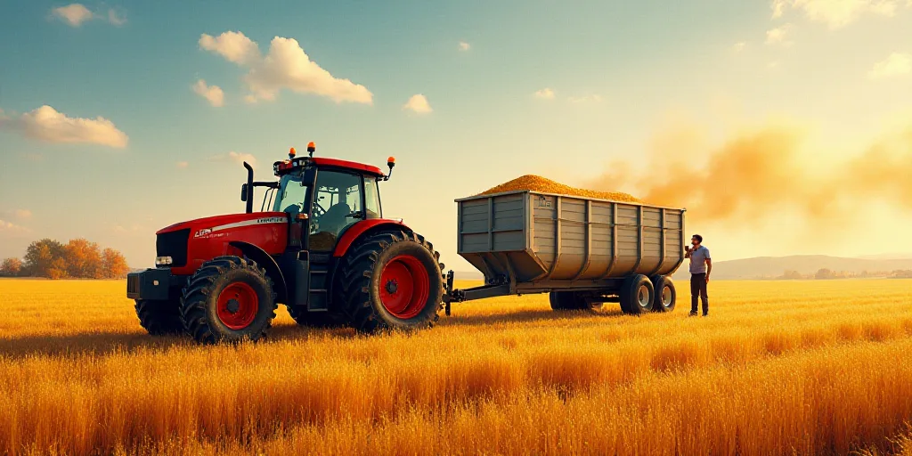 a tractor and a trailer with a grain trailer in the middle of a field with a man standing next to it