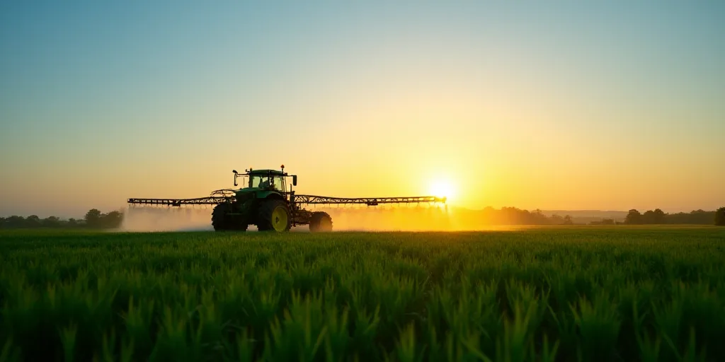 a tractor spraying pesticide on a field of crops at sunset or dawn with a blue sky in the background