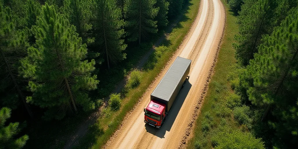 a truck driving down a dirt road in the woods near a forest area with trees and a dirt road, Ceferí
