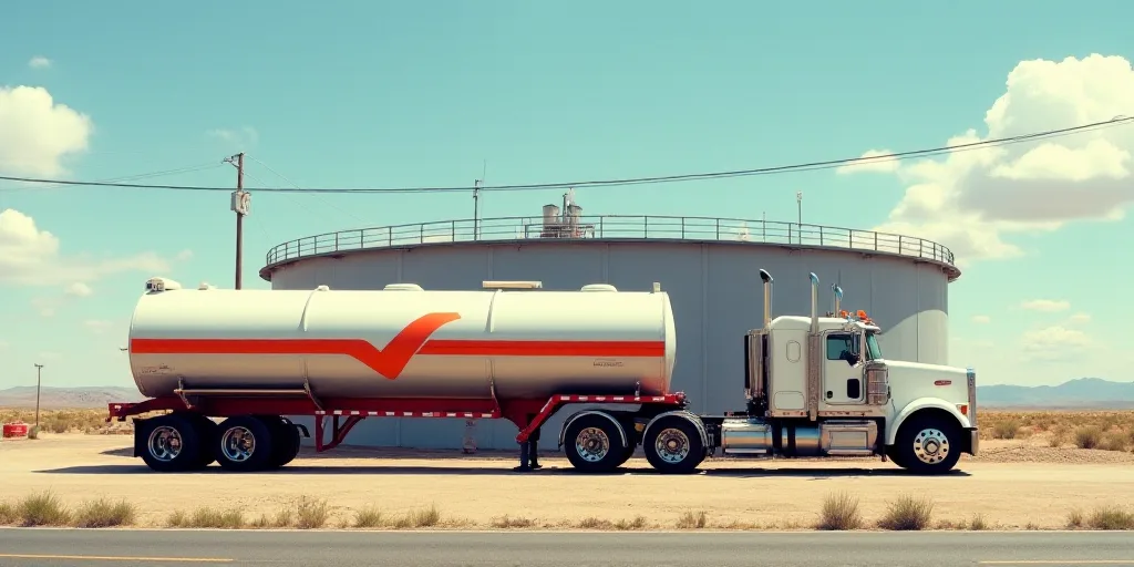 a truck parked in front of a large tank with a chevron sign on it's side and a sky background, Elbri