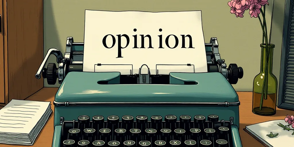 a typewriter with a lot of papers on it and the words opinion written in black and white on the top,