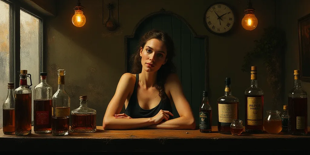 a woman behind a bar with bottles of liquor on it and a clock on the wall behind her and a lamp hang