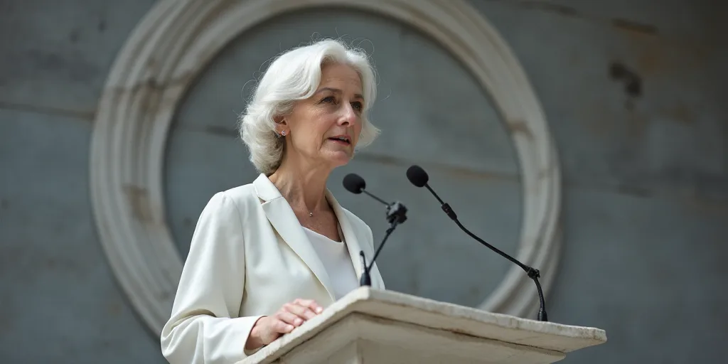 a woman giving a speech at a podium with a microphone in front of her and a european central bank lo