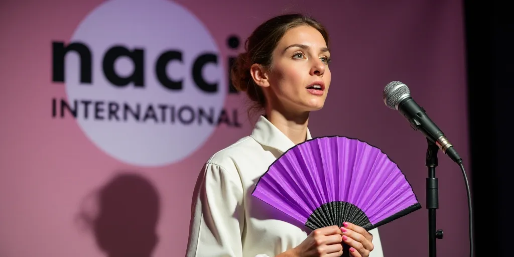 a woman holding a purple fan in front of a microphone and a sign behind her that says nacci internat
