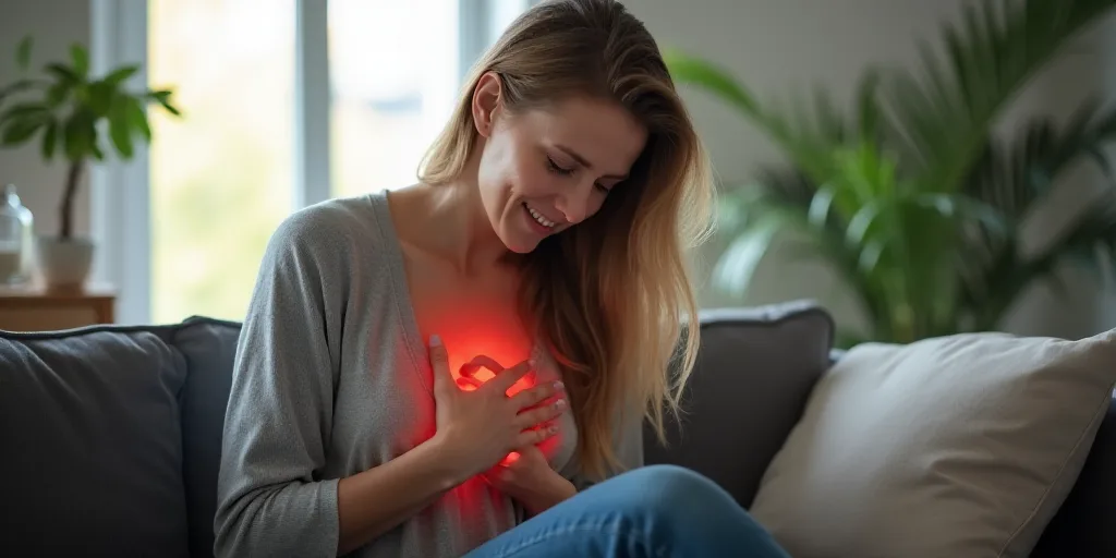 a woman holding her chest in pain while sitting on a couch in a living room with a window behind her