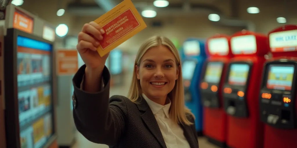 a woman holding up a ticket for a movie theater in front of a poster of money machines in a store, A