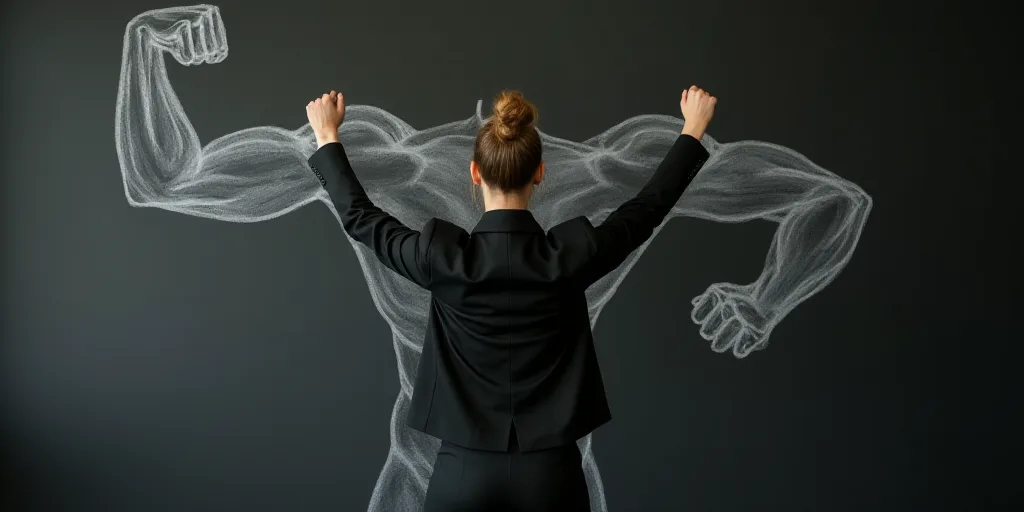 a woman in a business suit standing in front of a chalk drawing of a muscular arm and a hand drawn o