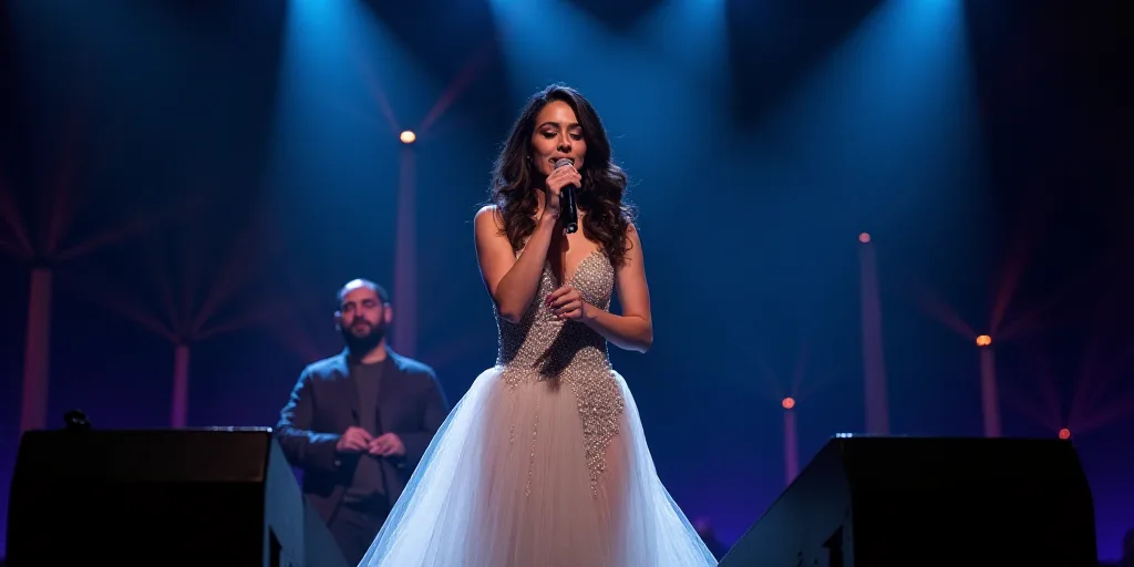 a woman in a dress singing into a microphone on stage with a man in the background watching her from