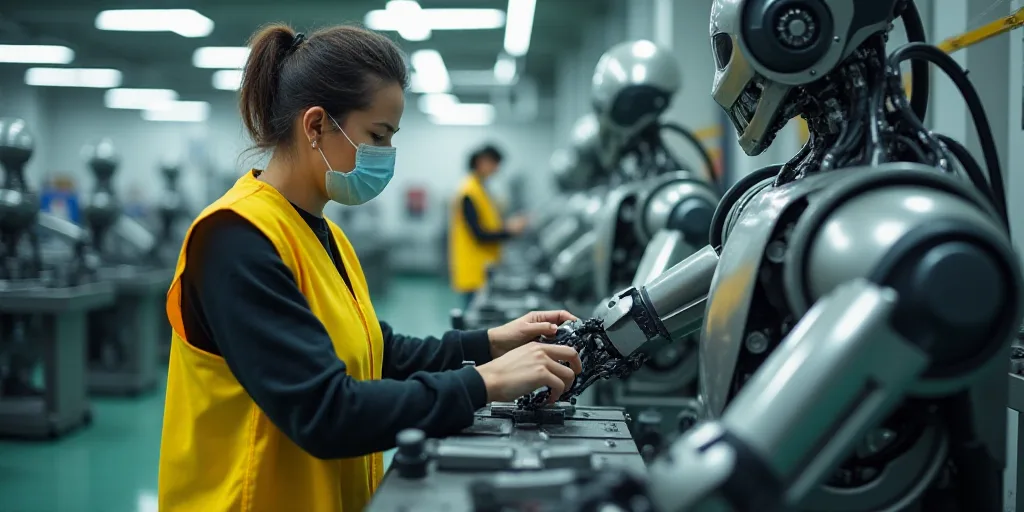 a woman in a yellow vest and a mask working on a machine in a factory with other machinery in the ba
