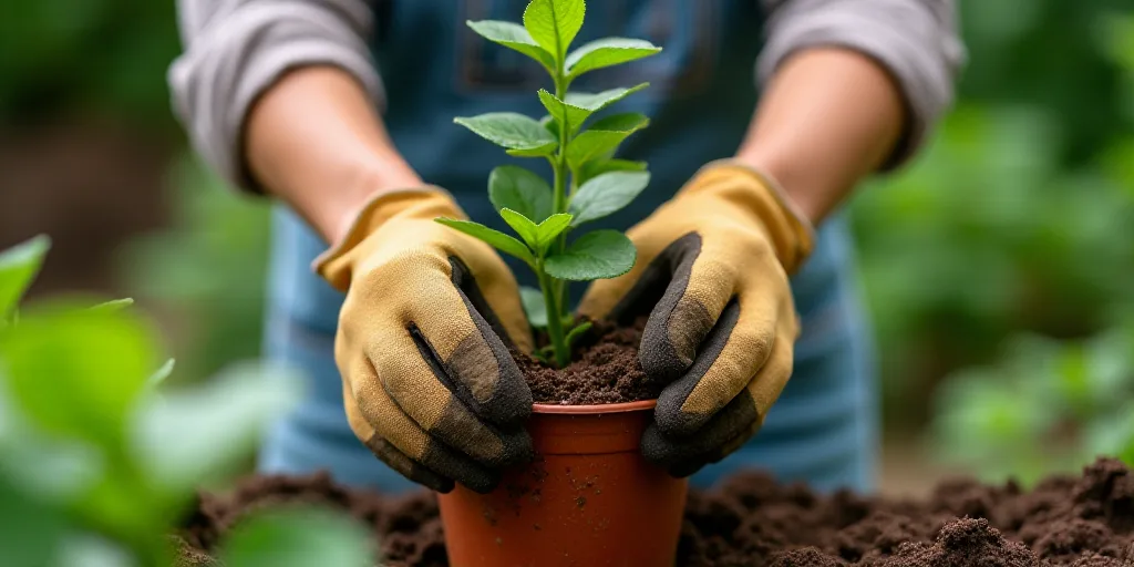 a woman is gardening in a garden with her hands on a potted plant and gardening gloves on her, Flori